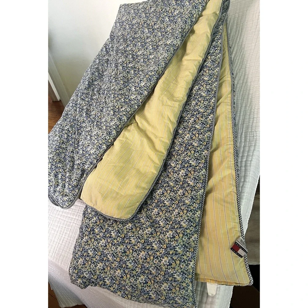 Vtg Tommy Hilfiger Elizabeth Anne Queen Comforter Blue Yellow Floral Striped Rev